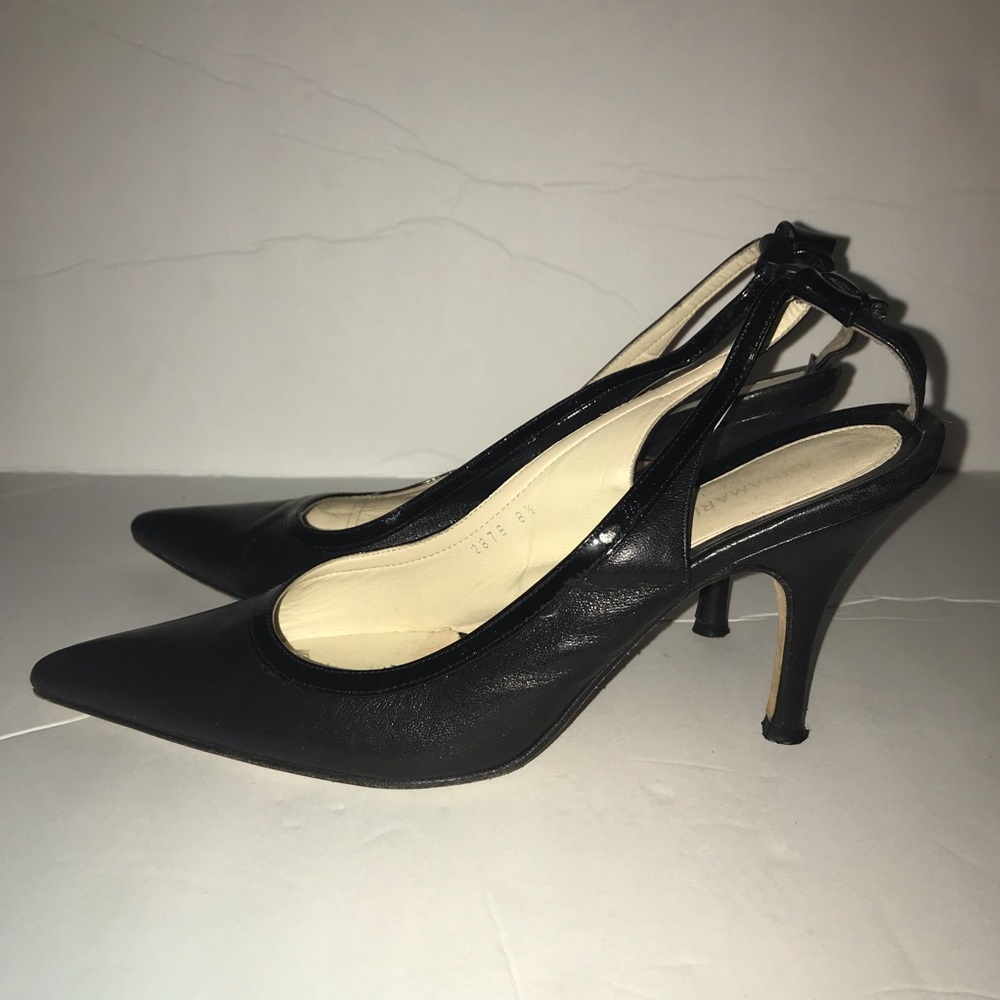 Black Leather Slingback Heels with Bow Detail